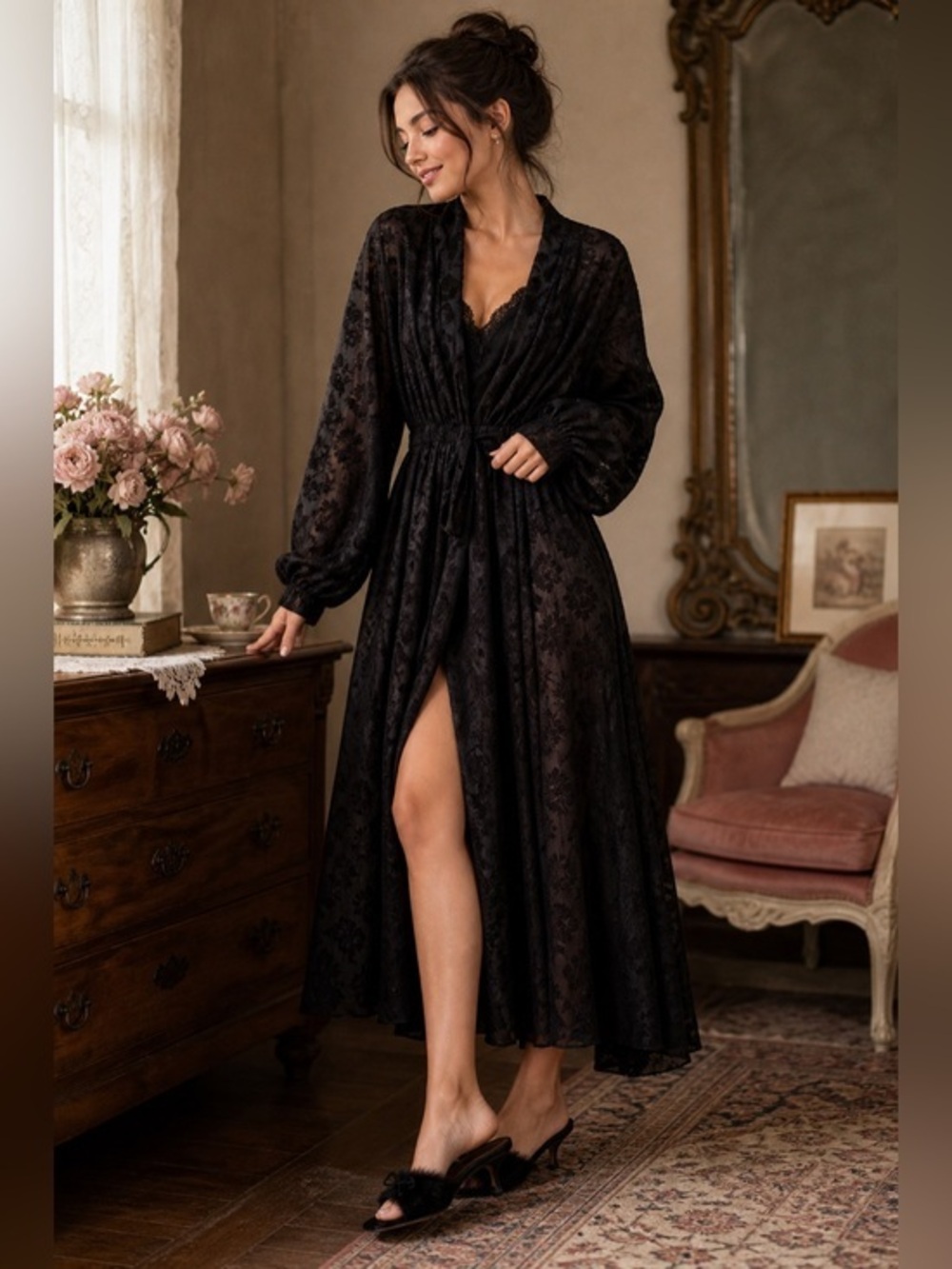 VTG Miss Elaine Black Burnout Velvet Rose  Embroidered Elastic Waist Tie Robe M